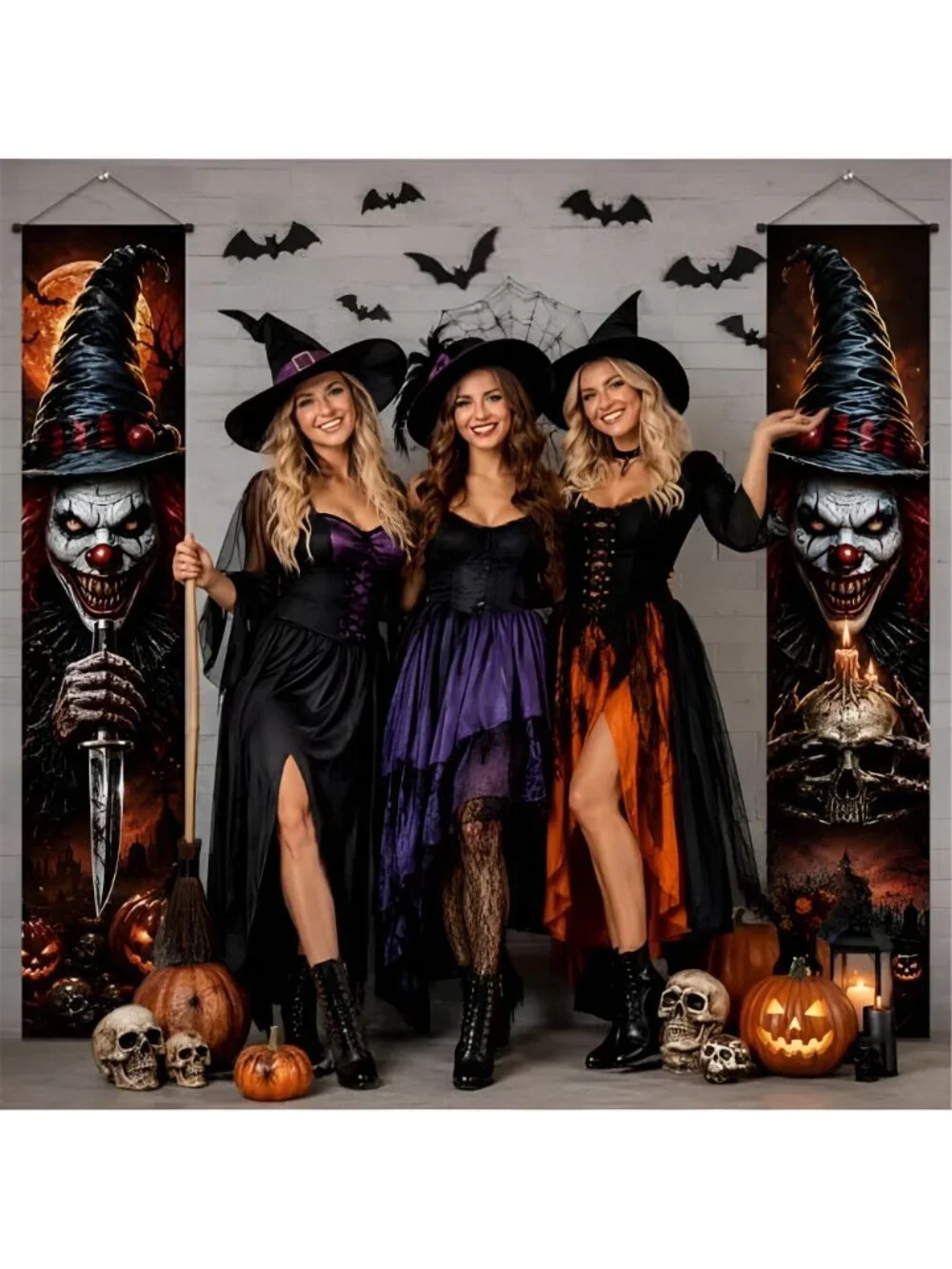 2PCS Halloween Porch Banner Decorations Scary Evil Clown Front Door Signs for